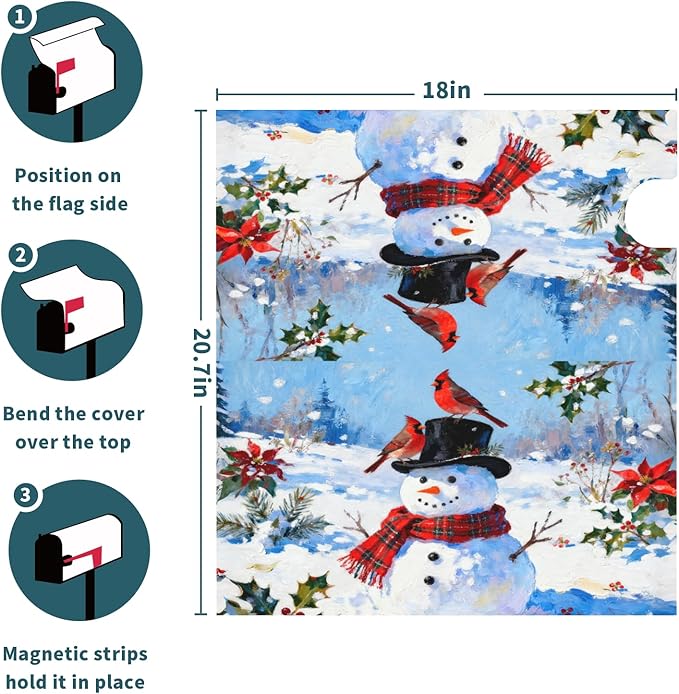Winter Christmas Mailbox Covers Magnetic Standard Size Snowman Cardinal Bird Floral Snow Scene Xmas Holiday Outdoor Decorative Seasonal Letter Box Cases for Home Garden Outside Decor, 21x18 Inch