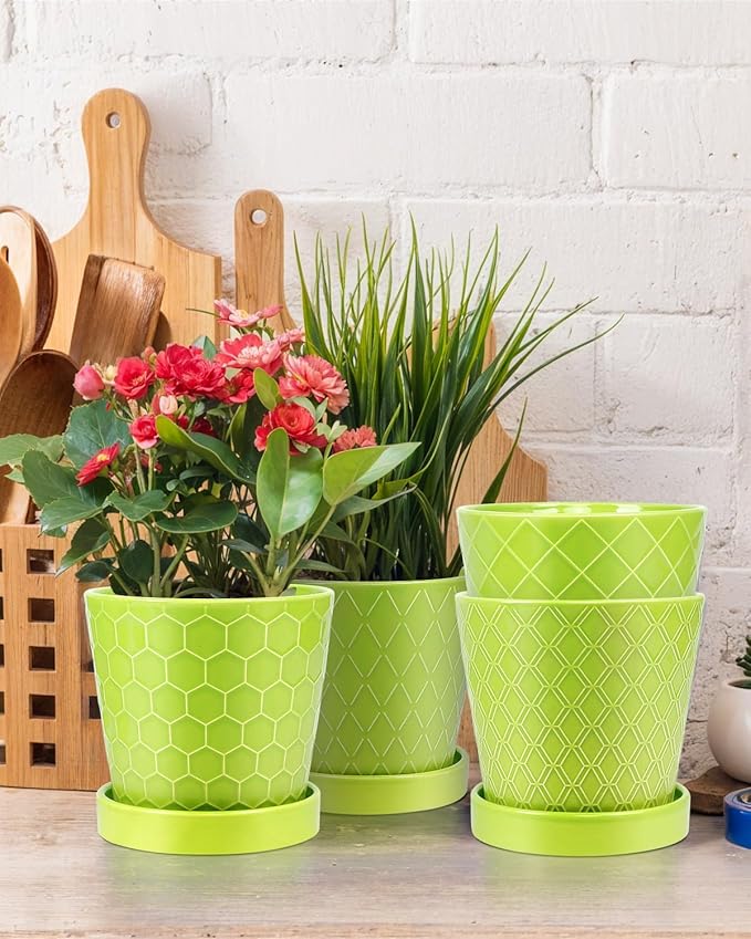 BUYMAX Plant Pots Indoor –5 inch Ceramic Flower Pot with Drainage Hole and Ceramic Tray - Gardening Home Desktop Office Windowsill Decoration Gift, Set of 4-Plants NOT Included (Green)