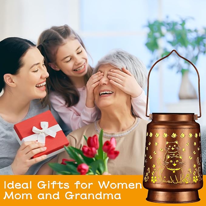 Solar Lantern Outdoor Hanging Waterproof Outside Metal Openwork Hummingbird Pattern Birthday Gifts for Women Mom Landscape Lights for Porch Garden Yard Patio Pathway Decor(Cat)