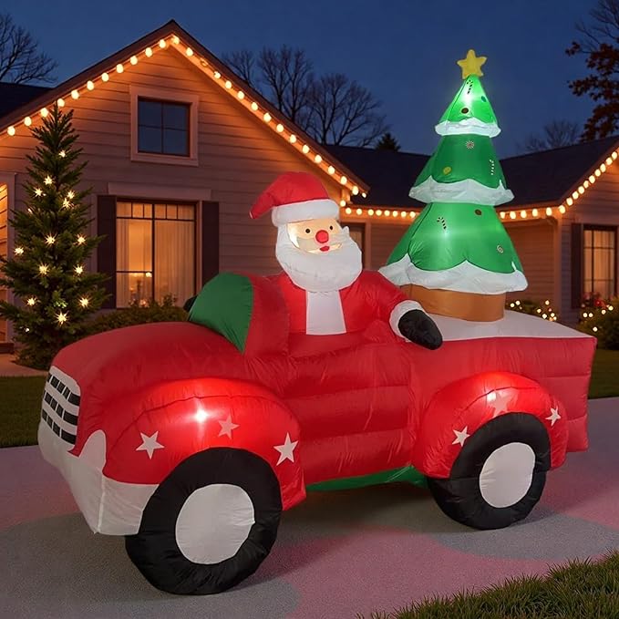 8 FT Christmas Inflatables Santa Claus in Sleigh with Two Reindeer Outdoor Decorations Blow Up Yard Santa Claus with Built-in LEDs (Santa Claus Outdoor Decorations)