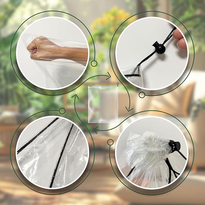 6 Pcs Winter Plant Film Cover with Drawstring-19.7" x 27.5" Clear Plastic Plant Cover Bags Transparent Waterproof Plant Shelter Bag Greenhouse Cover Bag for Outdoor Garden Plants Shrubs Sapling Crops