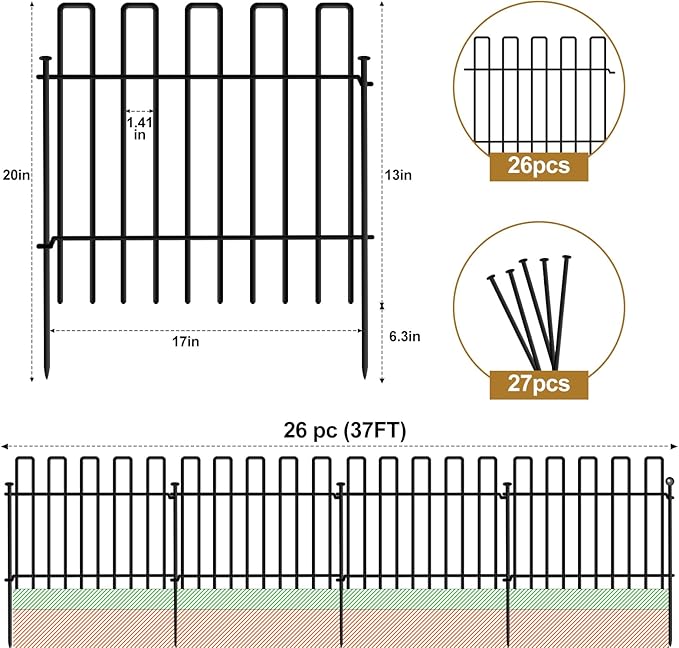 26 Panels No Dig Animal Barrier Fence, 13in(H) x 37ft(L) Garden Edging Border Fencing, Rustproof Metal Stakes Decorative Garden Fence, Dog Digging Defense Fencing Barrier for Outdoor, Yard, Patio
