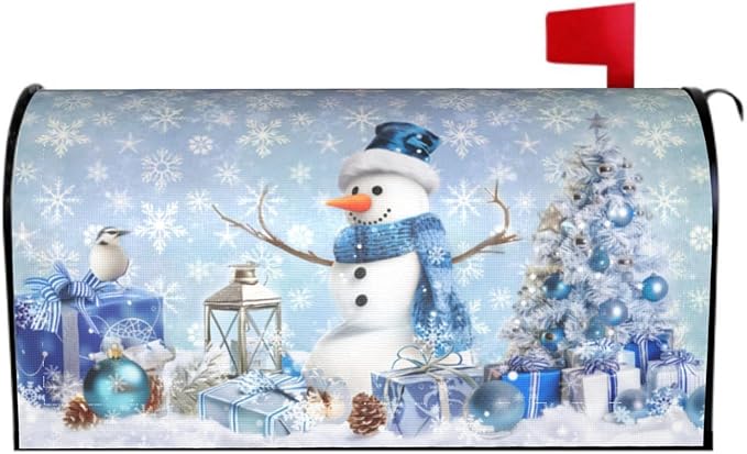 Winter Snowman Mailbox Cover Magnetic 25.5"x21" Oversize Blue Christmas Tree Balls Xmas Snowflakes Mailbox Wrap Post Cover Decor for Yard Garden Home Outdoor Holiday New Year