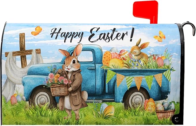 Happy Easter Mailbox Covers Magnetic Standard Size 21x18 in Spring Rabbit Mailbox Wraps Waterproof Oxford for Outside Garden Holiday Decorations Easter Eggs Truck