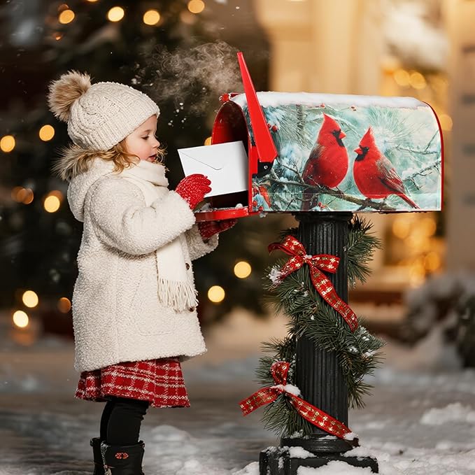 Blosssound Christmas Mailbox Cover Magnetic Standard Size 21 x 19 Inch, Winter Mailbox Cover Xmas Tree Decorative Post Letter Box Decor for Garden Yard Outdoor (Cardinal)