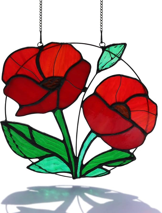 Red Flowers Stained Glass Window Hanging,Artificial Poppy Flower Suncatcher Wall Art Decor,Red Poppy Modern Artwork Hanging Decorations for Bedroom Living Room,Memorial Gift