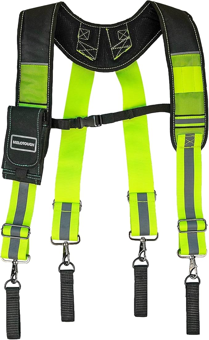 MELOTOUGH Reflective Safety Suspenders Tool Belt Suspenders Construction Work Suspenders with detachable phone holder comfortable foam shoulder padder (Lime)