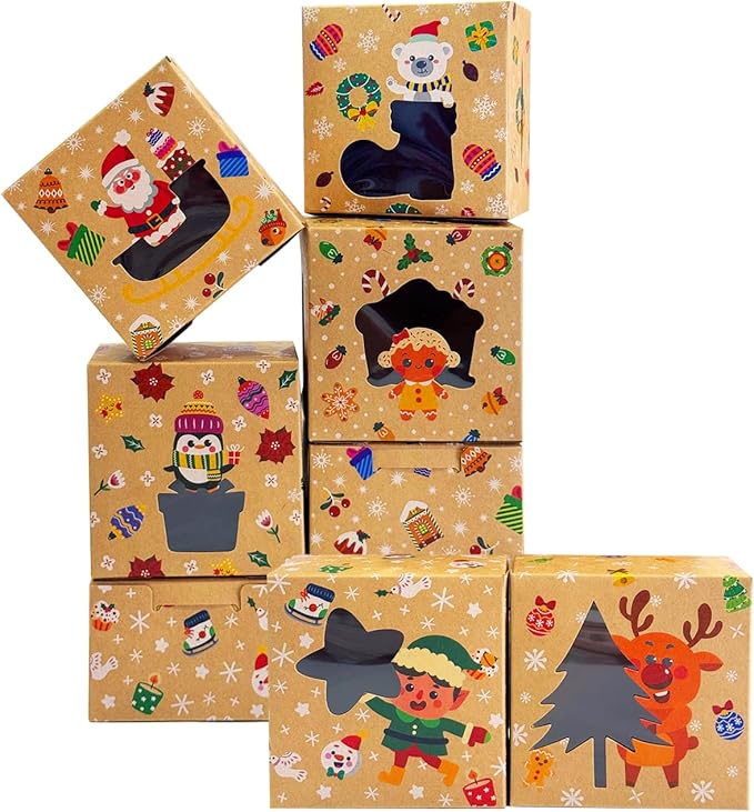 qiqee Christmas Shoes Bakery Boxes with Window 60pcs 4x4x2.5 Mini Cookie Boxes Macaron Boxes Small Donut Pastry Boxes for Christmas
