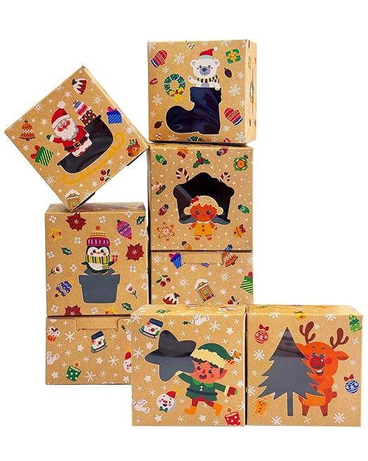 qiqee Christmas Shoes Bakery Boxes with Window 30pcs 4x4x2.5 Mini Cookie Boxes Macaron Boxes Small Donut Pastry Boxes for Christmas