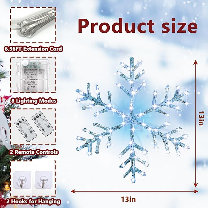 Christmas Window Snowflake Lights Decorations, Battery Operated Led Hanging Iron Lights, 8 Lighting Modes for Home Bedroom Indoor Outdoor Wall Holiday Decor (Cool White, 2 Pack)
