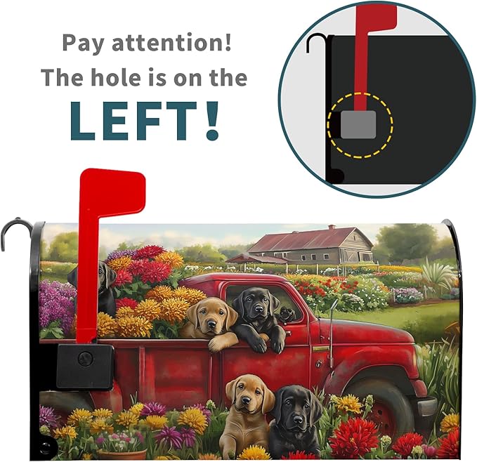 25.5"x21" Spring Truck Dogs Magnetic Mailbox Cover Summer Floral Puppy Decorative Mailbox Wrap Post Cover Waterproof Large Size for Garden Yard Outdoor Outside Patio Farmhouse