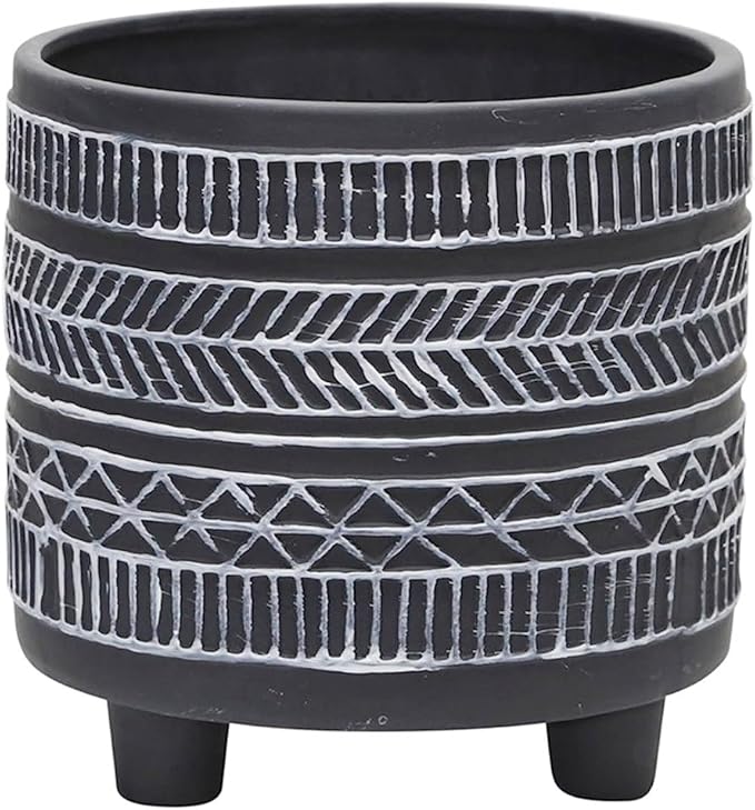 Set of 2 Tribal Look Footed Decorative Planter Pot – Ceramic Stoneware Outdoor and Indoor Plant Pot – Modern Garden and Home Decor Planters – 6" and 8", Black