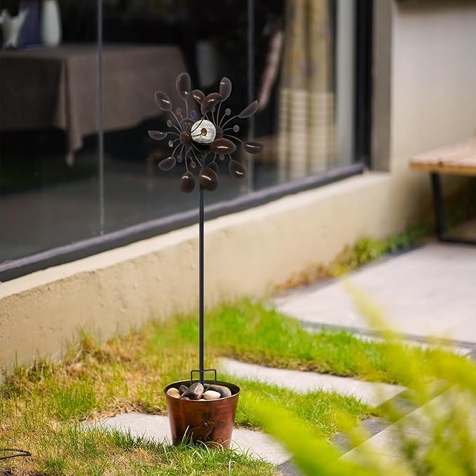 NUENUN Wind Spinner Outdoor Metal - Multi-Color Seasonal LED Lighting Solar Powered Glass Ball with Kinetic Wind Spinner Dual Direction for Patio Lawn & Garden (Coffee Ribbon Light)
