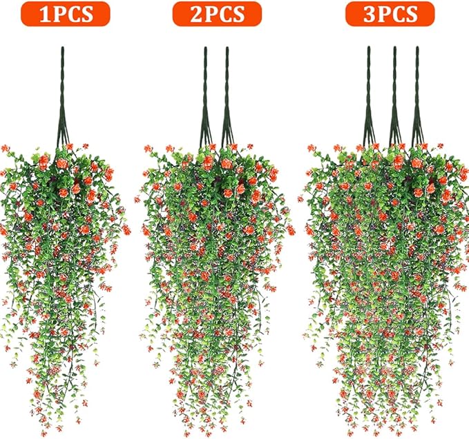 Artificial Hanging Flowers, 3 Pcs Fake Hanging Plants Decor, Artificial Vines for Outdoors, UV Resistant No Fade Artificial Plants Suitable for Indoor Decoration Outdoor Porch Courtyard (Orange)