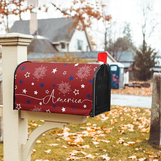 4th of July Mailbox Cover Magnetic 21"x18" Patriotic America Stars Fireworks Decorative Mailbox Wrap Independence Day Letter Post Cover Standard Size for Garden Yard Outdoor