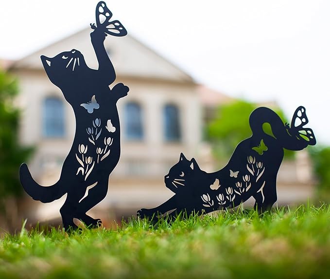 Cat Metal Garden Stakes Decorative,Gifts for Women/Men/Cat Lovers Gifts,Black Cat Silhouette Statues Garden Decor for Outside,Outdoor Decor,Yard Art,Patio,Lawn Ornaments