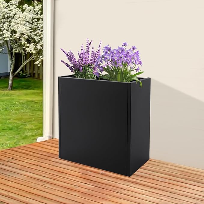 Metal Planter Box, Tall Rectangular Raised Garden Bed with Removable Shelf and Drainage Holes, Modern Steel Garden Planter, Flower Planter Boxes for Patio, Yard & Porch, Outdoor (Black, 28*12*28in)