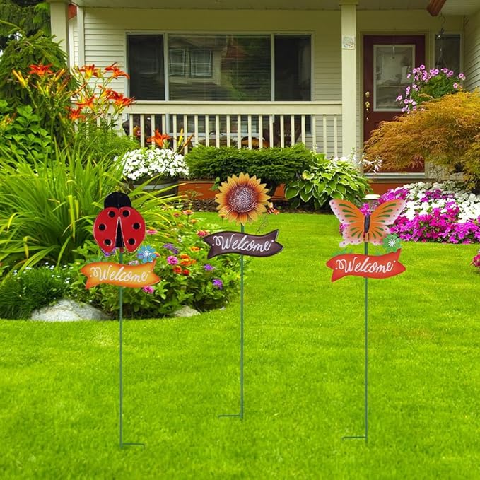 YEAHOME Garden Decor for Outside, Set of 3 Metal 33” Decorative Garden Stakes with Butterfly Ladybug Sunflower for Spring Decorations, Welcome Yard Sign Art Stakes for Outdoor Lawn Backyard Porch