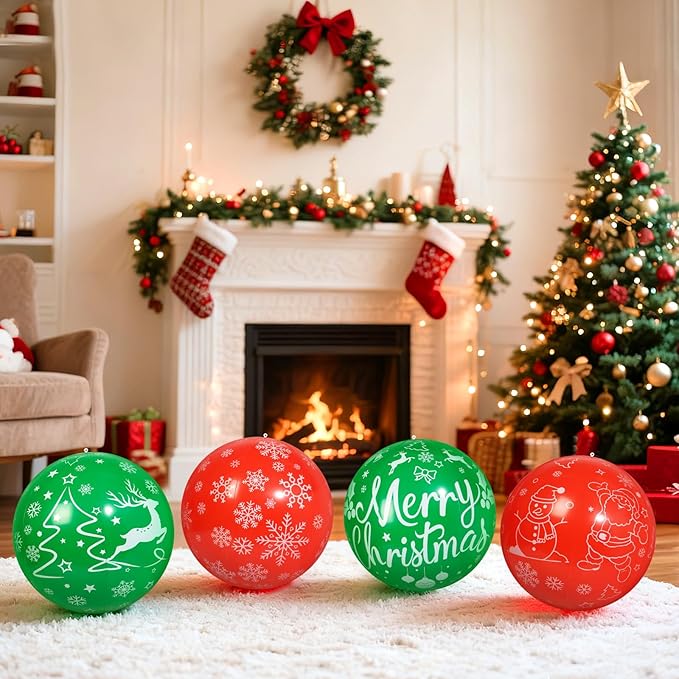 4 PCS 16 Inch Christmas Inflatable Balloons PVC Hanging Christmas Inflatable Outdoor Balls for Xmas Garden Lawn Yard Holiday Front Door Decoration