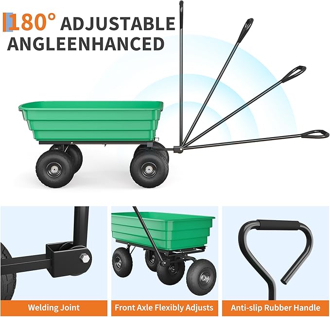 4 Cu.Ft. 600Lbs Garden Cart Dump Wagon, Heavy-Duty 4 Wheel Wheelbarrow Yard Cart with 10-Inch All-Terrain Wheels, Features A Quick-Release Tipping Function, for Courtyards, Farm and Gardening
