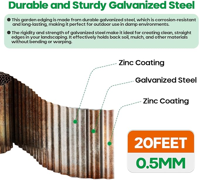 Corrugated Metal Garden Edging, Sturdy Tall Landscape Edging Borders, Perfect DIY for Flower Beds, Lawn and Pathway,Tree Surrounds,Paver Edges (Pre-Rusted, 8"×20FT)