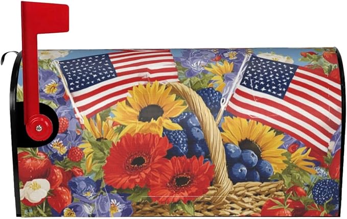 4th of July American Flag Floral Mailbox Covers Magnetic Letterbox Covers 21x18 Inch for Garden Outdoor Decoration