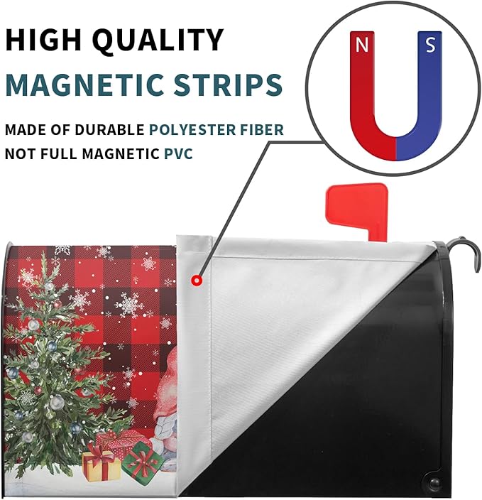 Winter Gnomes Mailbox Cover Magnetic- Standard Size 21x18 Inch- Christmas Trees Winter Snowflakes Red Black Buffalo Plaids Mailbox Wrap Post Cover for Yard Garden Outside Home Decor