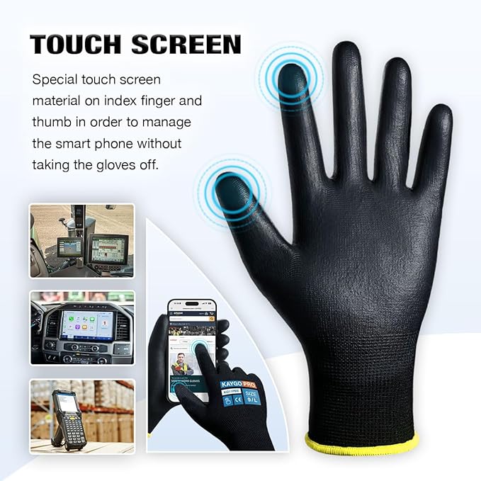 KAYGO Safety Work Gloves PU Coated for Men and Women, 12 Pairs KG11PB, Seamless Knit Glove with Two Fingers Touchscreen, breathable and lightweight Ideal for General Duty Work (2XL,Black)