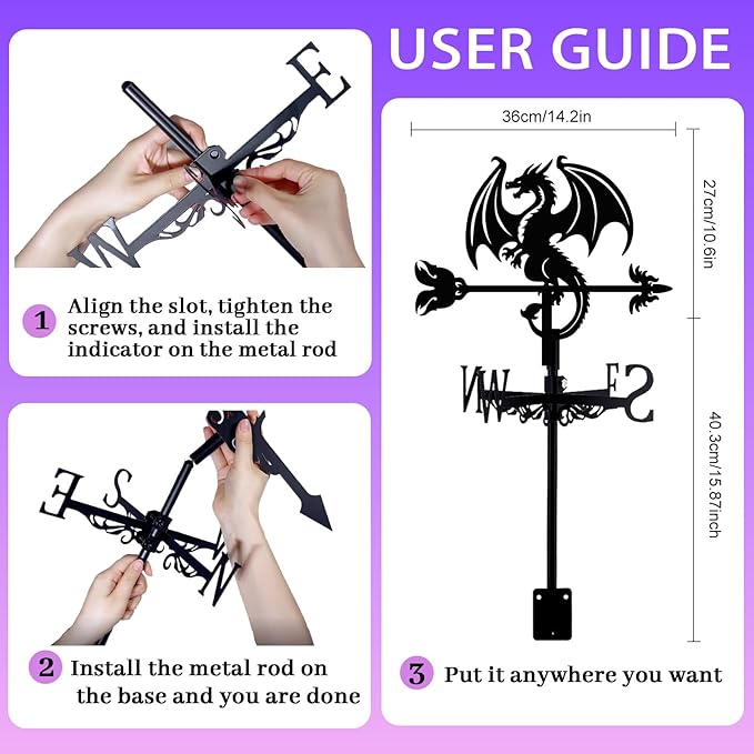 Dragon Weathervane Metal Wind Vane Arrow Weathercock Garden Decoration Wind Direction Indicator Stake Roof Mount Ornament for Farmhouse Yard Outdoor