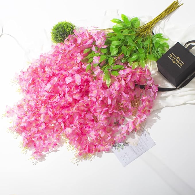 12 Pack Artificial Flowers Silk Wisteria Vine Ratta Hanging Flower (Deep Pink)