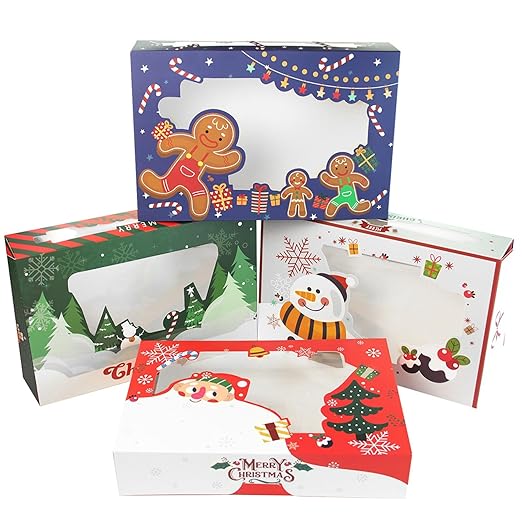 qiqee Christmas Cookie Boxes for Gift Giving 8x5.3x2 inch 50Packs Christmas Bakery Box with Window Treat Box for Donuts Candies and Biscuit