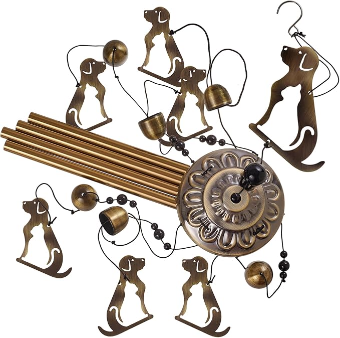 Outdoor Dogs Wind Chimes Indoor Decor - Hand-Made Mobile Romantic Bronze Wind Catcher, 36" Puppys Wind Bells for Home, Balcony, Patio, Garden Festival Decoration, Gift for Mom(4 Tubes, 6 Bells, 7Dogs)
