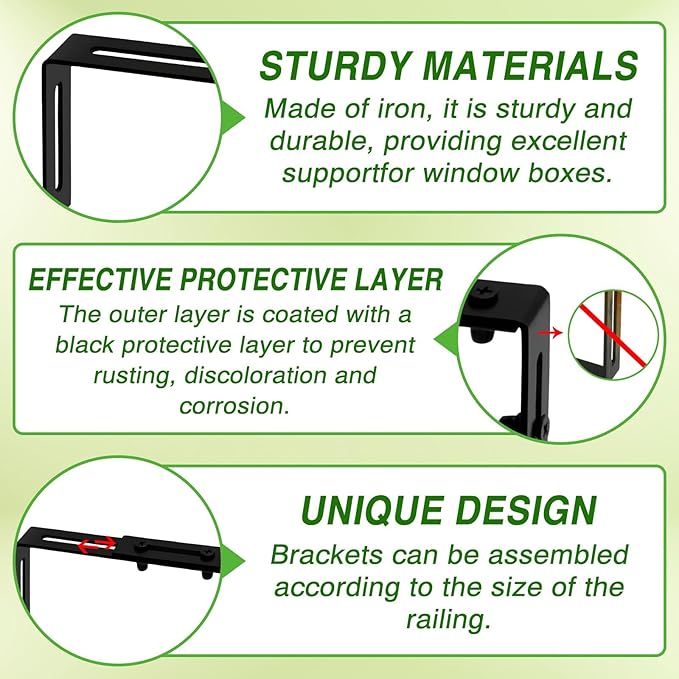 Halatool 4 Pack Window Box Brackets for Railing, Adjustable Heavy Duty Iron Window Flower Holder, Outdoor Sturdy Railing Planter Box Brackets for Fences, Balconies, and Gardens