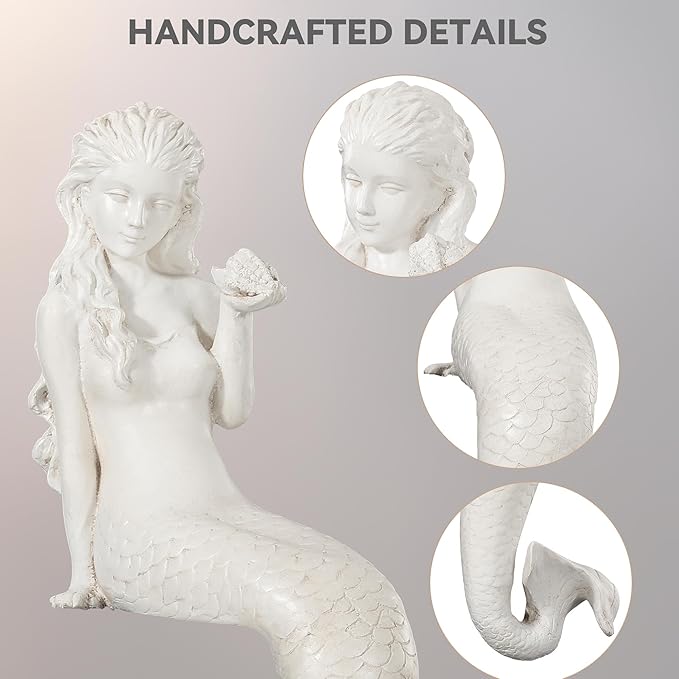 Mermaid Garden Statue, 25.6 Inch Large Outdoor Sculpture Figurines, Pretty Lawn & Patio Decor in Antique White, Made of Durable Magnesium Oxide Stone with Weather-Resistant Finish