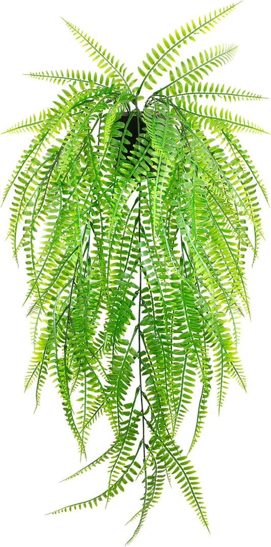 Small Artificial Hanging Plant for Shelf Fake Plant Potted Boston Ferns Faux Trailing Leaves Plant for Indoor Outdoor Aesthetic Office Living Room Shelf Decor (Black Pot)