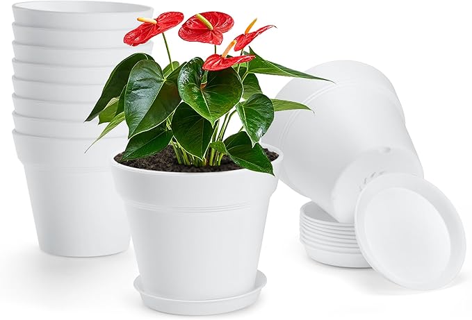 10 Pack Plastic Plant Pots with Drainage Holes and Tray, 5 inch Thickened Indoor Planters Seedlings Nursery Pots for Flowers, African Violet, Succulent and All House Plants, White