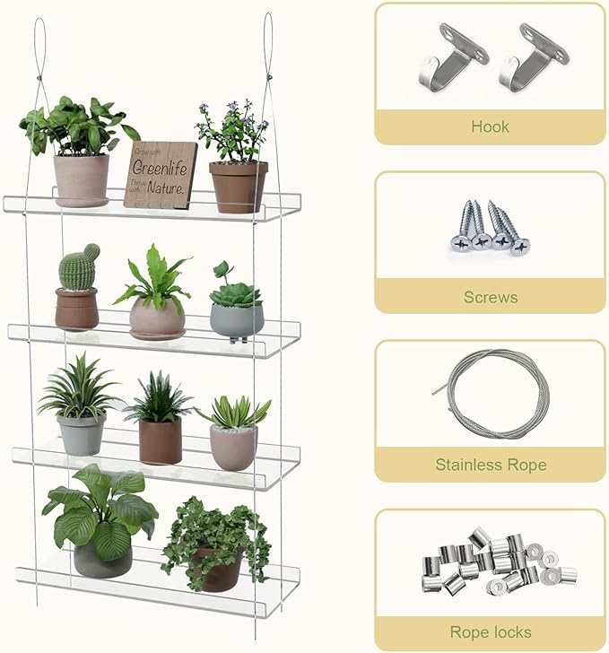 4-Tier Acrylic Window Plant Shelf, 16 Inch Wide Adjustable Hanging Shelf for Succulents, Seed Starters, Herbs, Microgreens