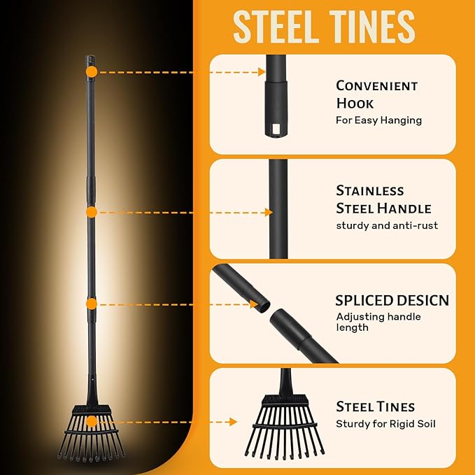Small Garden Rake for Leaves,11 Tines Heavy Duty Metal Yard Hand Rake with 63in Adjustable Handle,Ideal Leaf Scoops Gardening Tool for Gathering Leaves,Shrub,Poop,Leveling Grass,Garden Flower Bed,Yard
