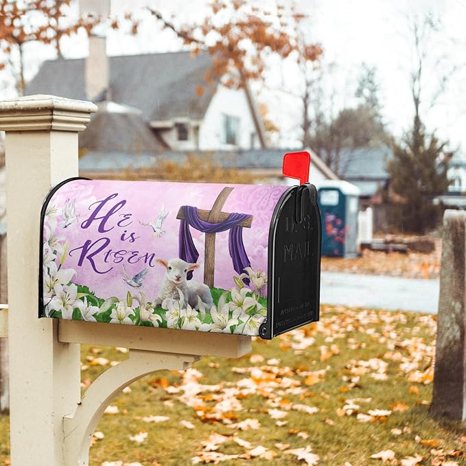 He is Risen Mailbox Cover Magnetic, Easter Cross Lamb Mailbox Wrap 25.5x21 Inch, Spring Lily Flowers Large Size Waterproof Letter Post Cover for Yard Garden Outdoor Outside Home Decor
