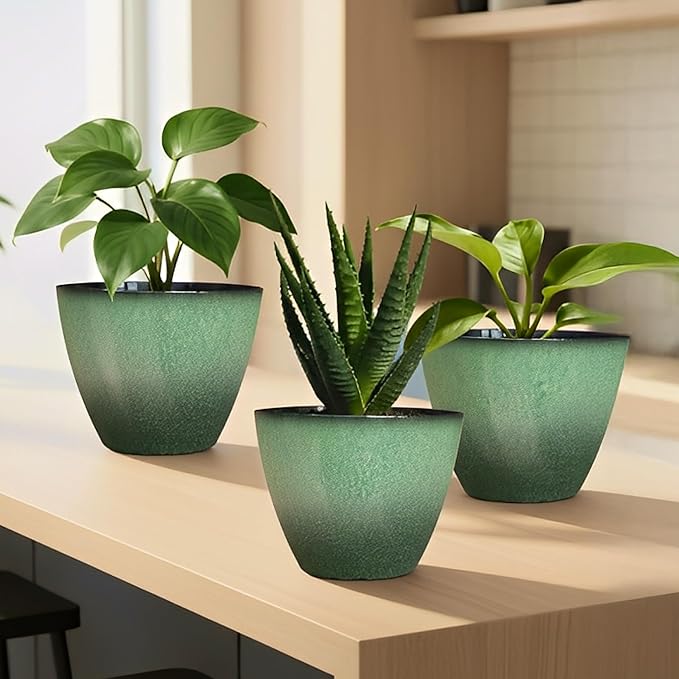 4 Pack 8 inch Plant Pots, Plastic Planter for Indoor Outdoor Plant with Drainage Holes and Saucers, Flower Pots for Garden Home Decor(Green, 4pcs)