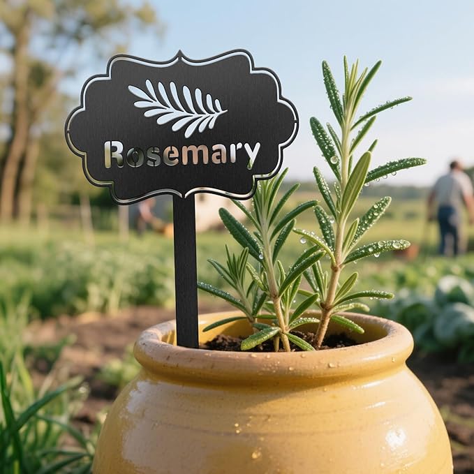 CUTHOLLOW Metal Plant Marker Stake Rosemary for Outdoor Indoor, Waterproof 11.8 inch Cute Garden Plant Labels Sign Tag for Vegetables, Farmhouse Greenhouse Decor - Funny Gardening Gifts