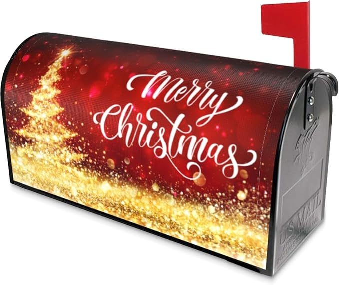 Mailbox Covers Merry Christmas Red Gold Magnetic Letter Post Box Cover Standard Size 25.5 x 21 Inch Garden Yard Home Decorative