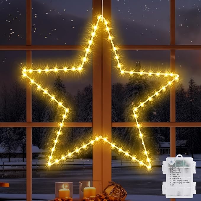 Marchpower Christmas Window Star Silhouette Lights, 19inch 70LED Warm White Large Star Lighted Xmas Decoration - Battery Operated Twinkle Fairy Light Timer Outdoor/Indoor Wedding Party Home Décor-1pc