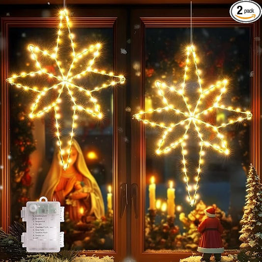 Marchpower Star of Bethlehem Christmas Window Lights, 22inch 118LEDs Warm White Xmas Window Lighted Decor Battery Powered, Waterproof Outdoor Christmas Star Light, Twinkle Fairy Light Timer - 2Pack