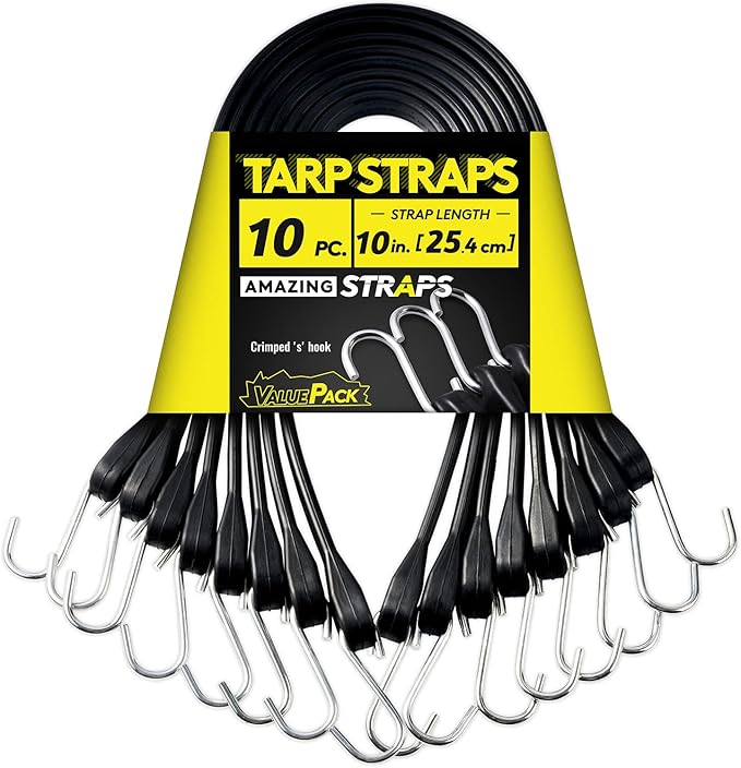 10'' Rubber Bungee Cords Heavy Duty Outdoor with 18" Max Stretch & Over 176 lbs Load, 100% EPDM Black Bungee Straps with Crimped S Hooks for Cargo, Tarps, Truck, Motorcycle, Weatherproof (10 Pack)