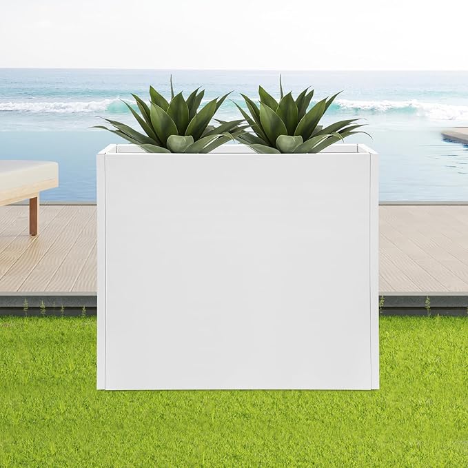 Metal Planter Box, Tall Rectangular Raised Garden Bed with Removable Shelf and Drainage Holes, Modern Steel Garden Planter, Flower Planter Boxes for Patio, Yard & Porch, Outdoor (White, 34*10*30in)