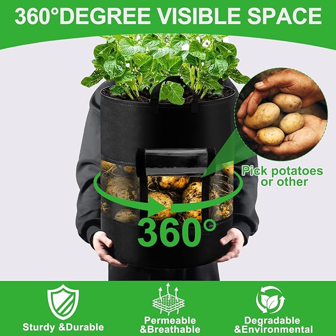 4 Pack 7 Gallon Black Potato Grow Bags with 360° Visible Flap Window,Thickened Potato Planter for Growing Potatoes,320g Heavy Duty Nonwoven Fabric Pots Plant Garden Bags to Grow Vegetables Tomato