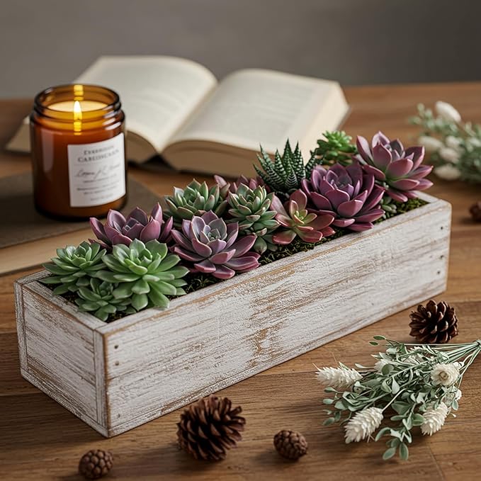Dandat 4 Set Wood Boxes for Centerpieces 12x4 Inch Rectangle Wooden Planter Box Rustic Wooden Planters with Removable Plastic Liner Floral Foam Blocks for Christmas Wedding Home Garden Decor