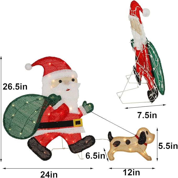 WATERGLIDE Lighted Christmas Santa Claus with Puppy, 26.5 Inch Pre-Lit 2D Tinsel Santa Walking Dog Xmas Outdoor Yard Decor with Lights, Light Up & Plug in for Festive Xmas Holiday Garden Lawn Display