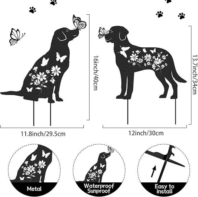Dog Metal Garden Stakes - Animals Stake Garden Decor 2 Pcs Black Dogs Silhouette Statues Butterfly Gifts for Yard Art Decorations Dog Lovers Gift Patio Lawn Garden Decorations Outdoor Decor